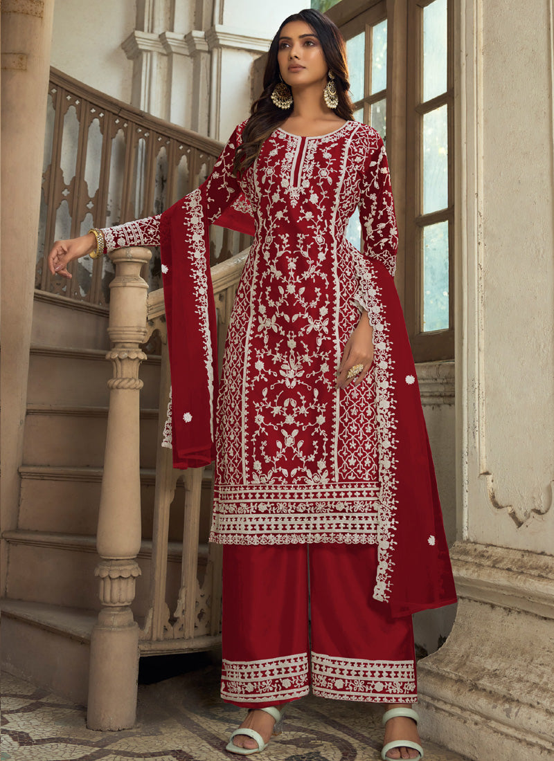 Maroon premium net A-line palazzo suit with embroidery