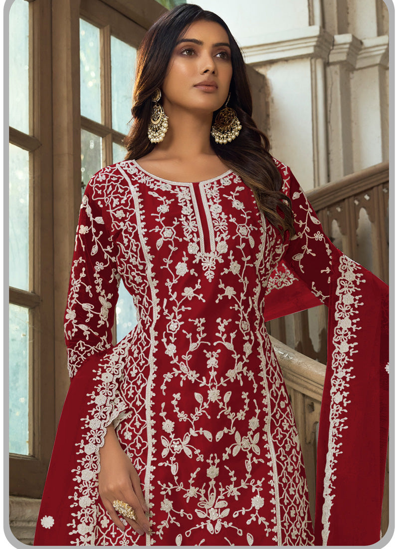 Maroon Premium Net Embroidered A-Line Palazzo Suit Set