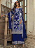 Blue A-line net embroidered kurta set with palazzo pants