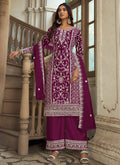 Wine A-line palazzo suit with premium net embroidery and matching dupatta