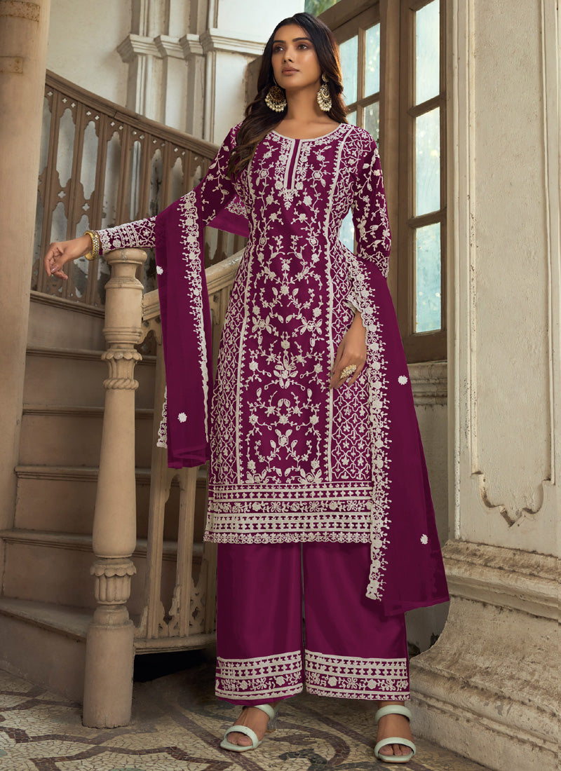 Wine A-line palazzo suit with premium net embroidery and matching dupatta
