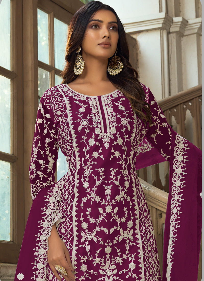 Wine Embroidered Net A-Line Palazzo Suit Set