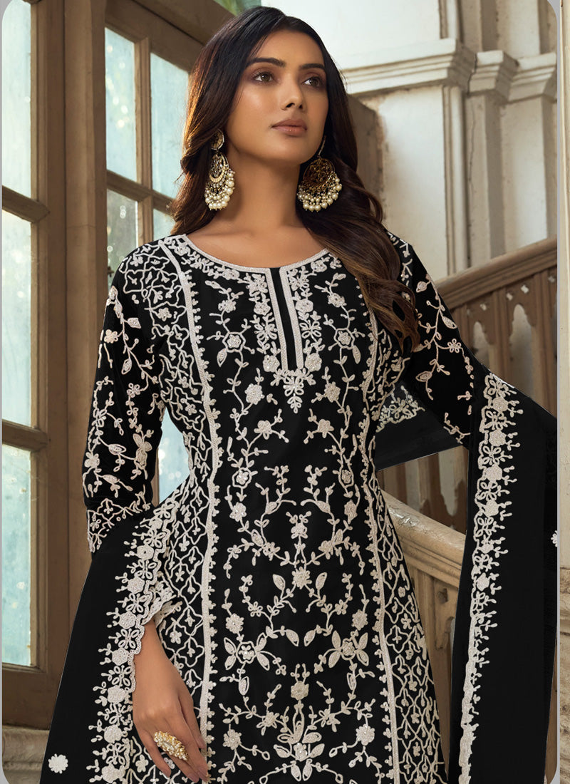 Black A-Line Net Embroidered Palazzo Suit Set for Women