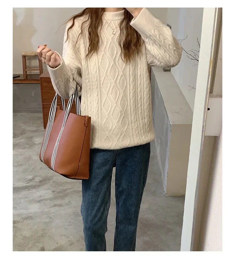 Women's Pink Cable Knit Crew Neck Long Sleeve Sweater - Image 8