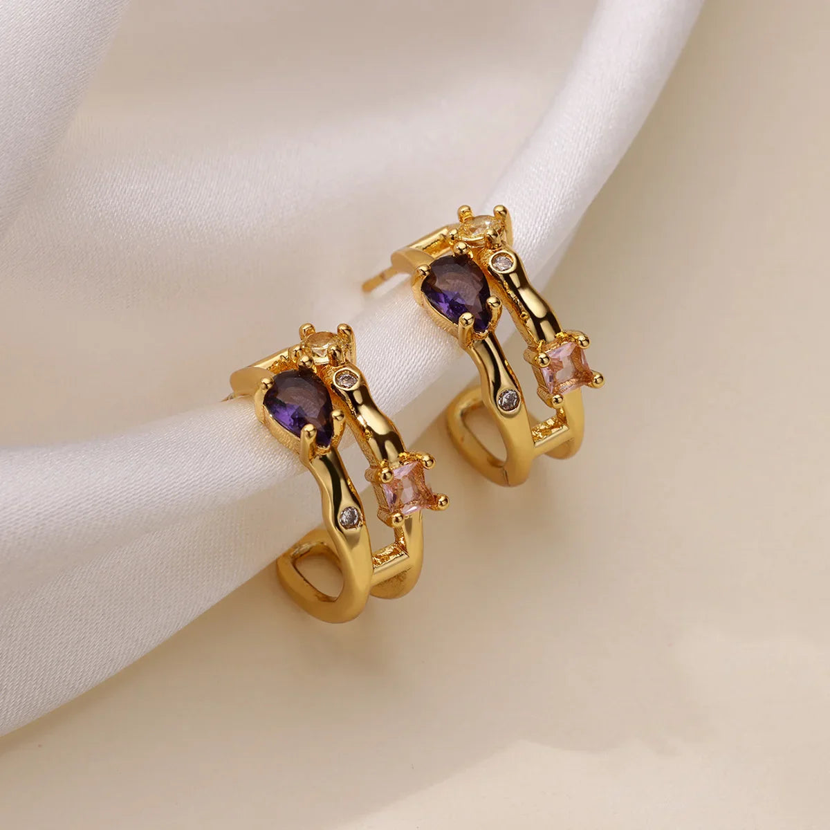 Zircon Geometric Hoop Earrings for Women Stainless Steel Gold Color Piercing Earring 2025 New Fashion Wedding Couple Jewelry