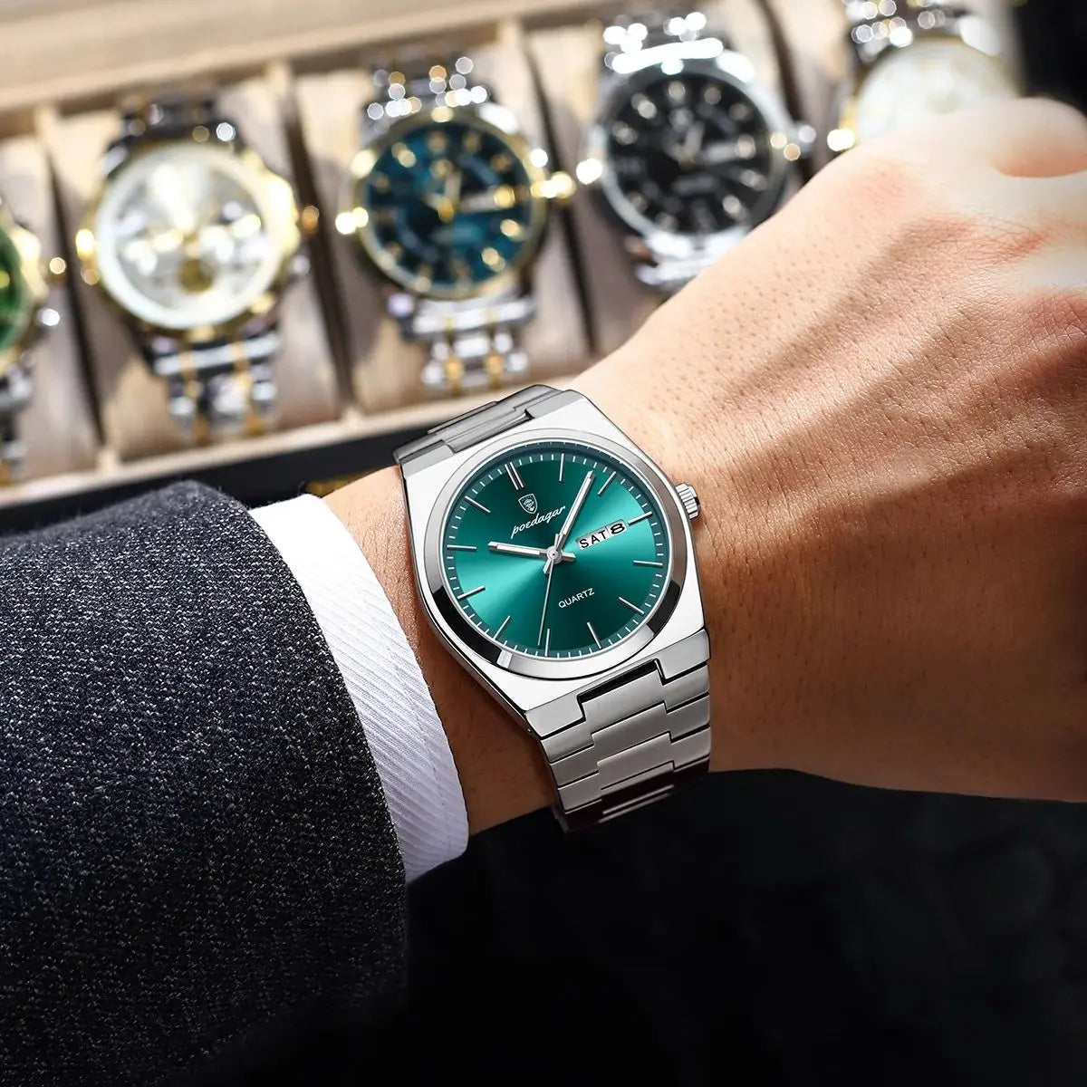 POEDAGAR Luxury Sport Quartz Man Wristwatch Waterproof Luminous Date Week Men Watches Stainless Steel Men's Watch Male Reloj+box