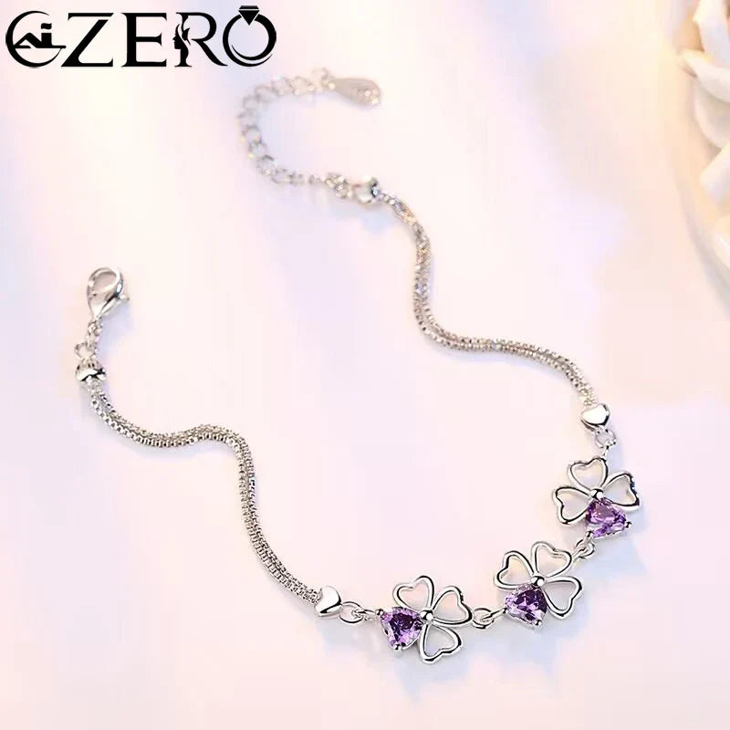 NEW Fine 925 Sterling Silver Purple Crystal Lucky Clover Bracelets for Women Fashion Party Wedding Accessories Jewelry 17CM+4CM