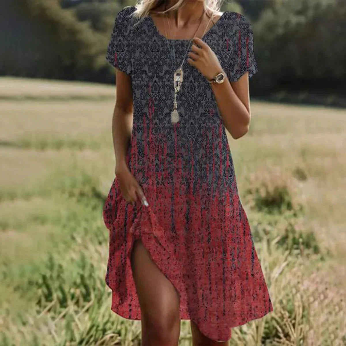 Women's Ethnic Print Midi Dress Summer Round Neck Casual Style - Image 8