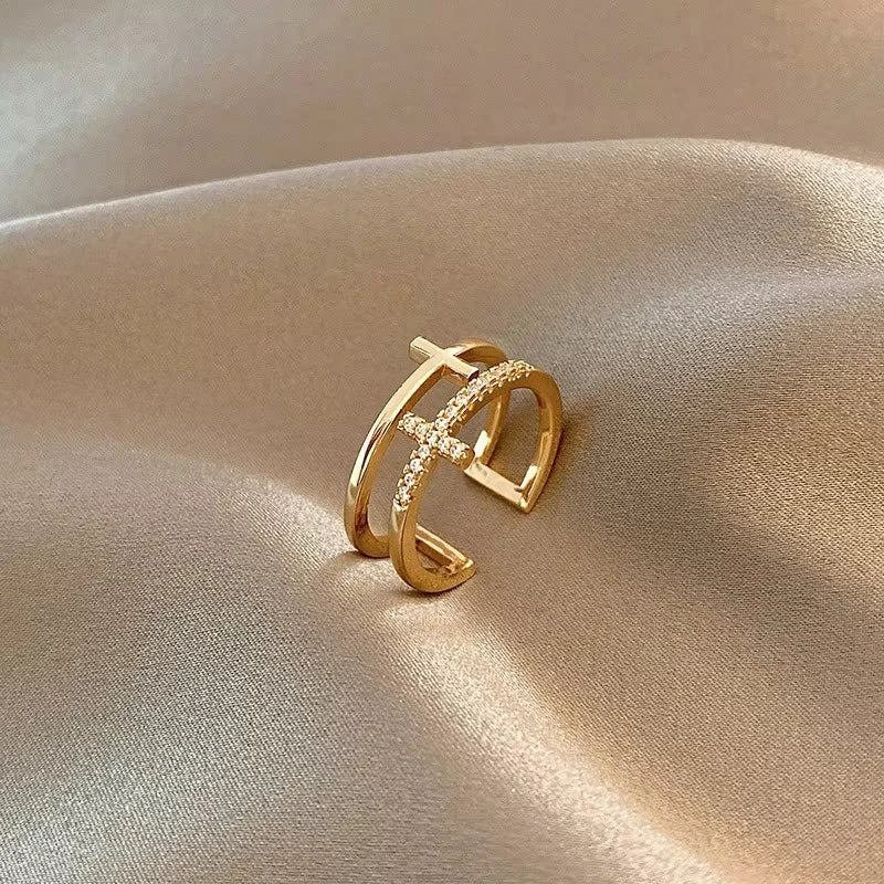 Fashion Double Layer Cross Open Ring For Women Minimalist Gold Silver Color Adjustable Finger Ring Female Party Wedding Jewelry