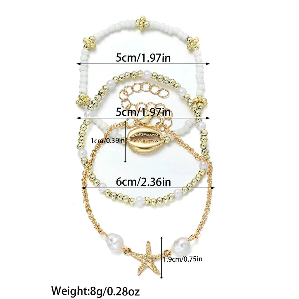 3Pcs Summer Shell Bracelet Set For Women Bohemia Starfish Charm Pearl Seed Beads Chain Bangle Female Beach Vacation Jewelry Gift