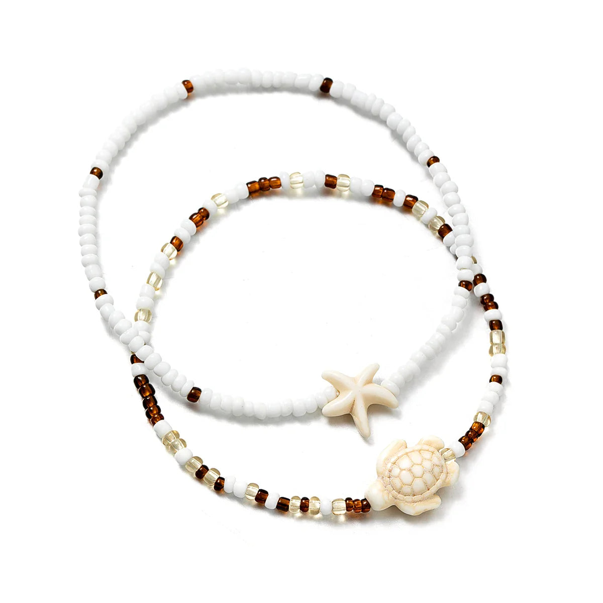 2 Bohemian style turquoise starfish turtle ankle chains, double-layer layered mixed color rice bead beach ankle chains