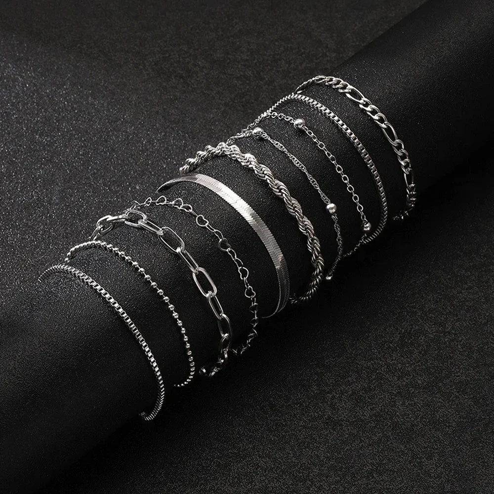 10 Pcs Vintage Statement Gold Color Flat Snake Chain Box Chain Bracelet Boho Multi-layer Metal Bracelet Women's Summer Jewelry