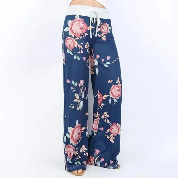 Wide-Leg Drawstring Lounge Pants with Floral and Camo Prints