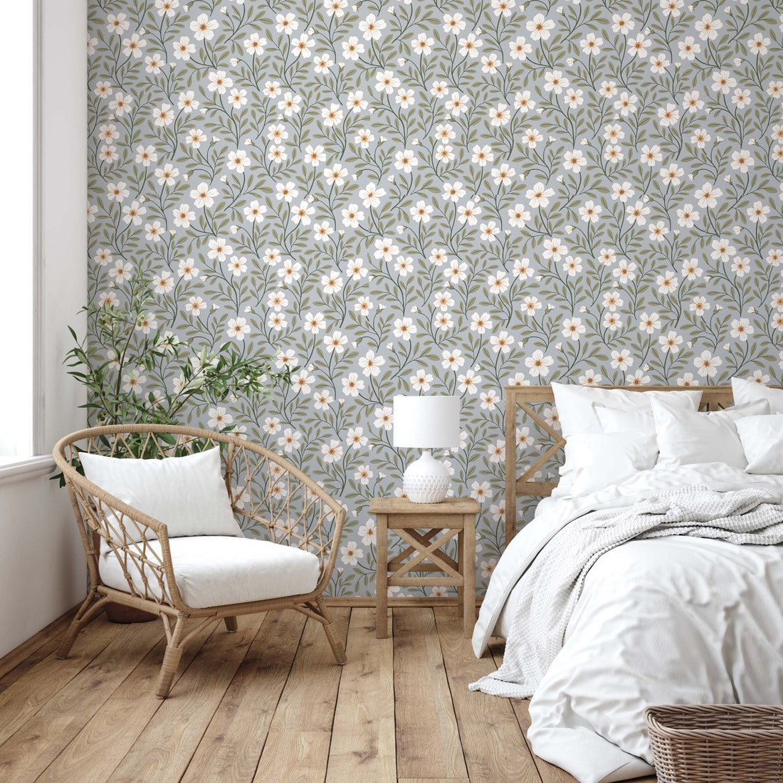 Penny floral removable wallpaper in earthy tones of grey, white, and sage-green