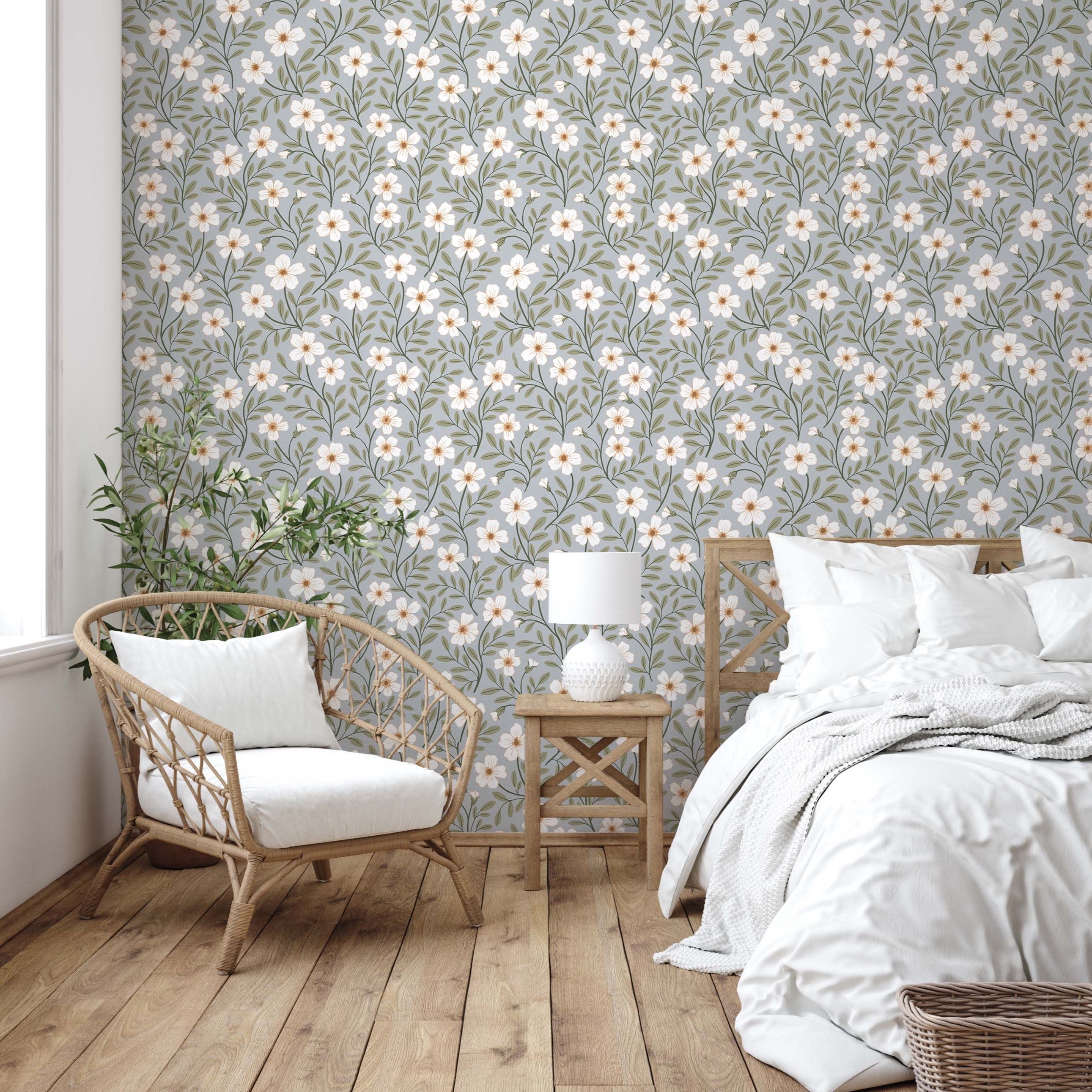 Penny floral removable wallpaper in earthy tones of grey, white, and sage-green