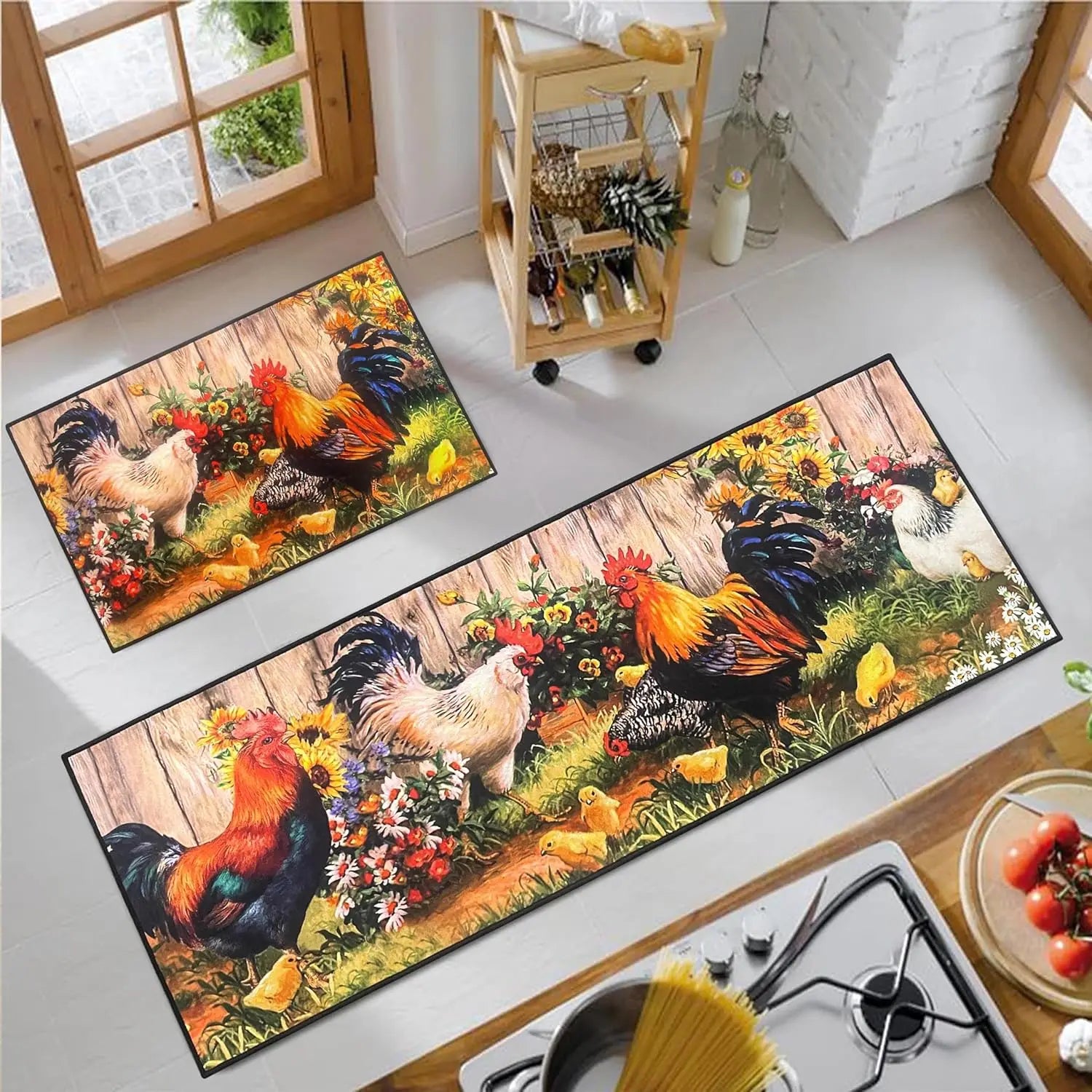 VIKAMA 1/2 pcs Rooster Kitchen Rug Home Decor, Rustic Farmhouse Style Decorative Kitchen Mat, Non-slip Corridor Foot Mat