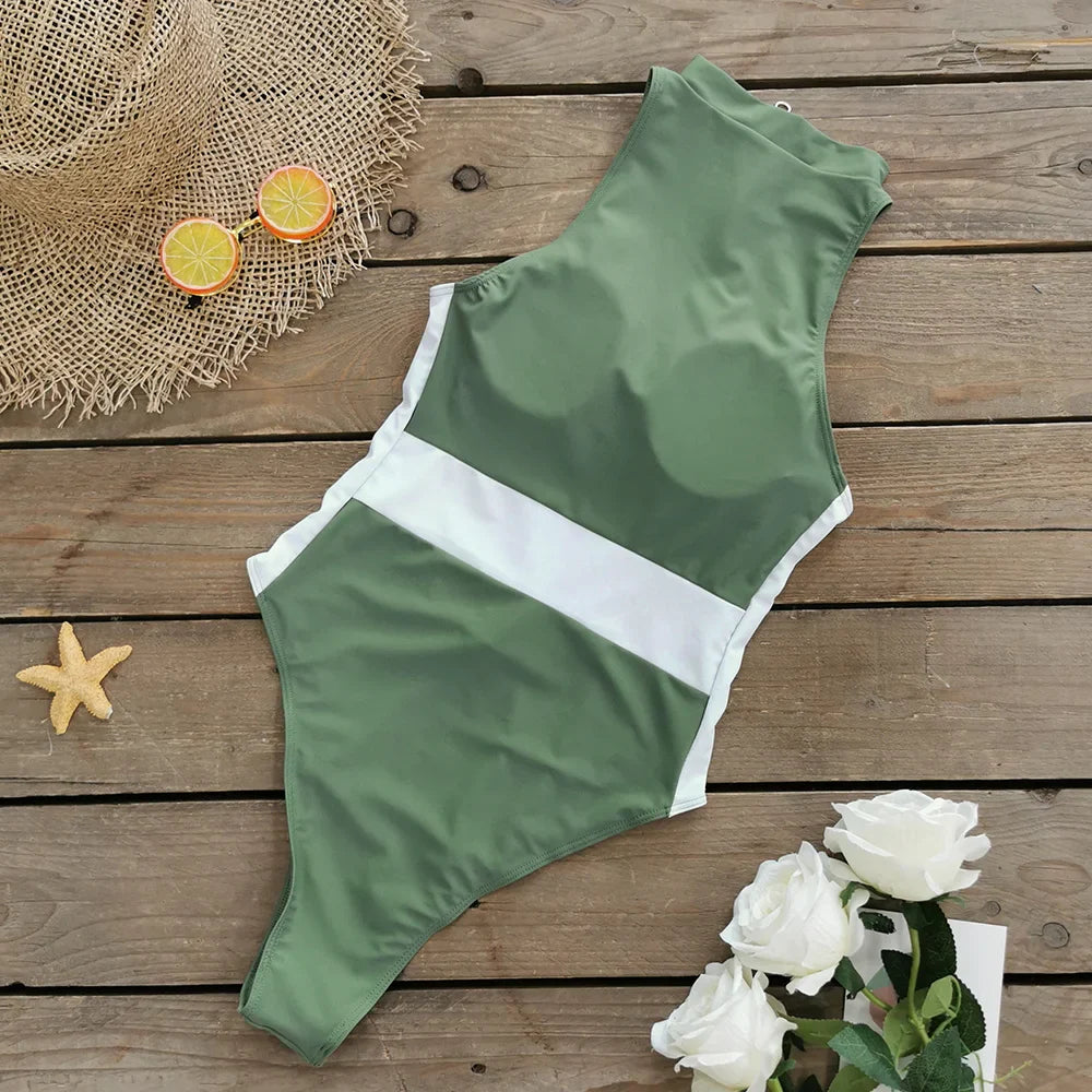 Women's Front Zip One Piece Swimsuit with Colorblock Detail - Image 9