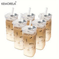 1/2/4/6Pc Square Heat Resistant Coffee Glass Cup With Lid and Straw Transparent Milk Tea Juice Coffee Mug For Home Bar Drinkware