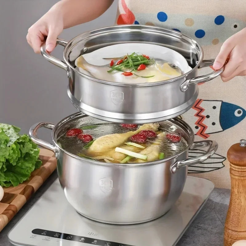 SUS304 stainless steel double layer thickened household cage drawer steamed Mantou small steamer soup pot stew pot
