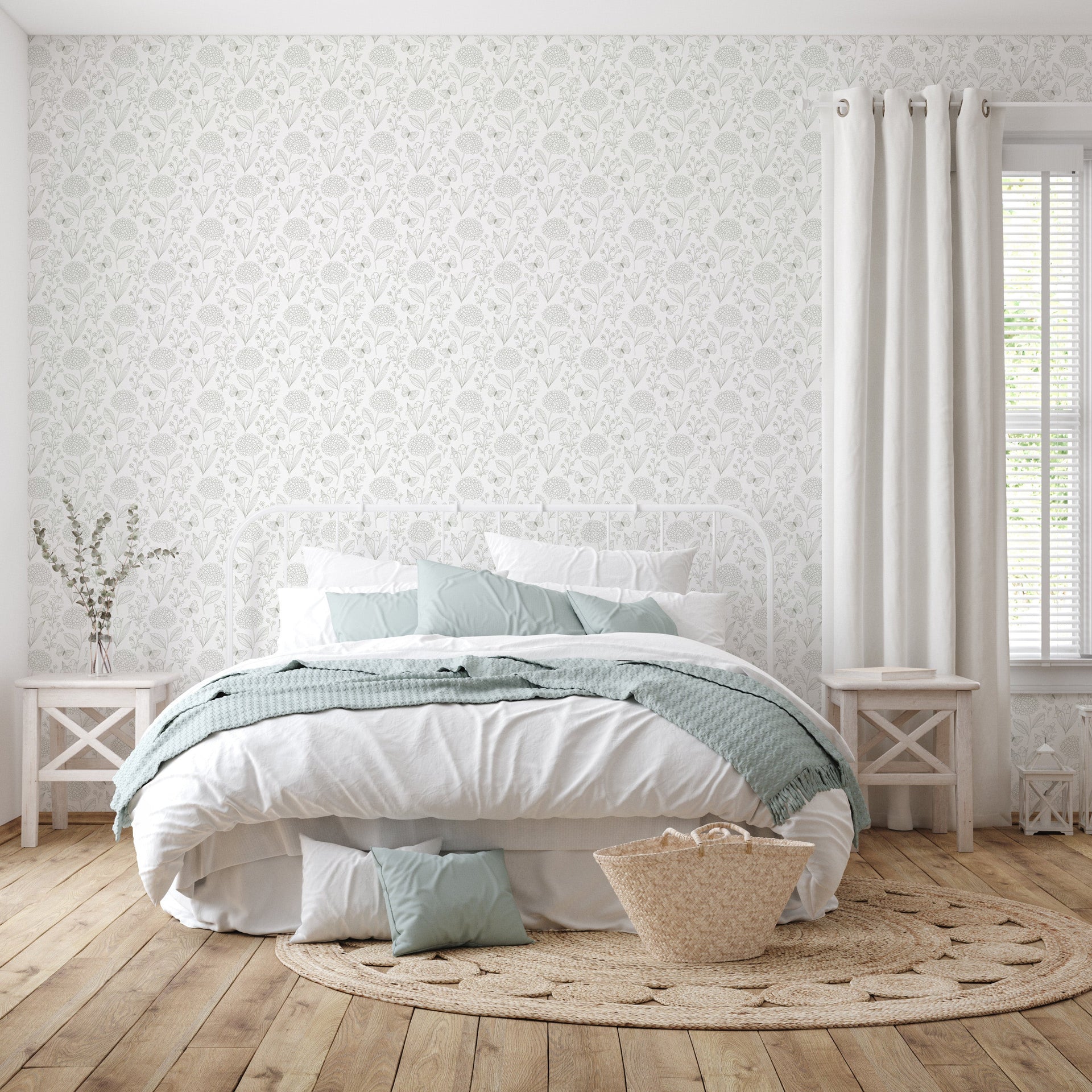 Adalyn Botanical Peel and Stick Wallpaper in White, Taupe, and Grey-Blue