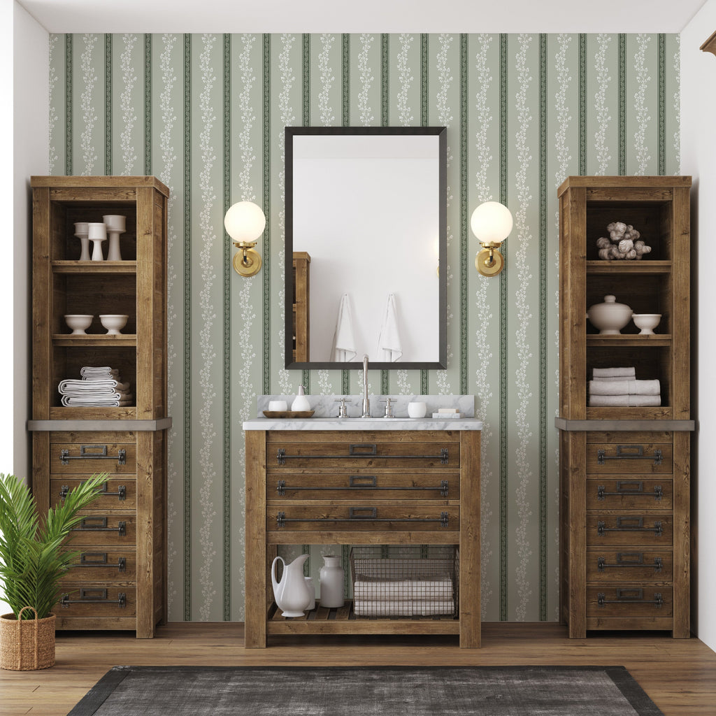 Miller striped wallpaper in green and mauve tones on a residential interior wall