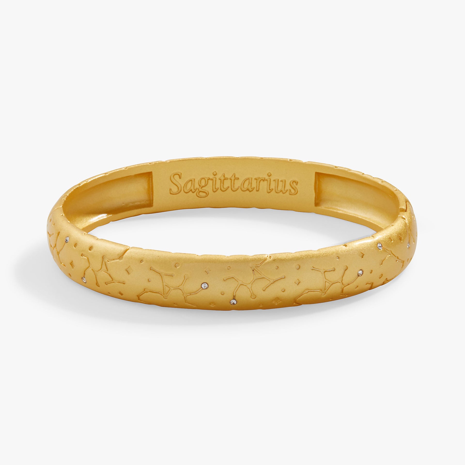 Satin finish hinge bangle with Sagittarius constellation design and crystal accents.