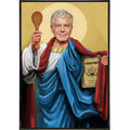 Saint Anthony Bourdain art print in gold, blue, red, and white, featuring a pop-culture aesthetic.
