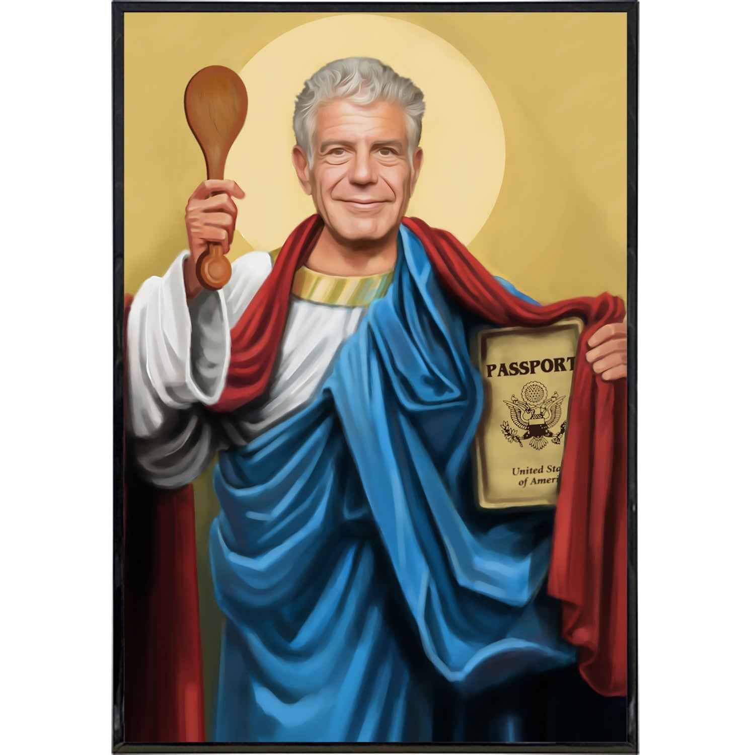 Saint Anthony Bourdain art print in gold, blue, red, and white, featuring a pop-culture aesthetic.