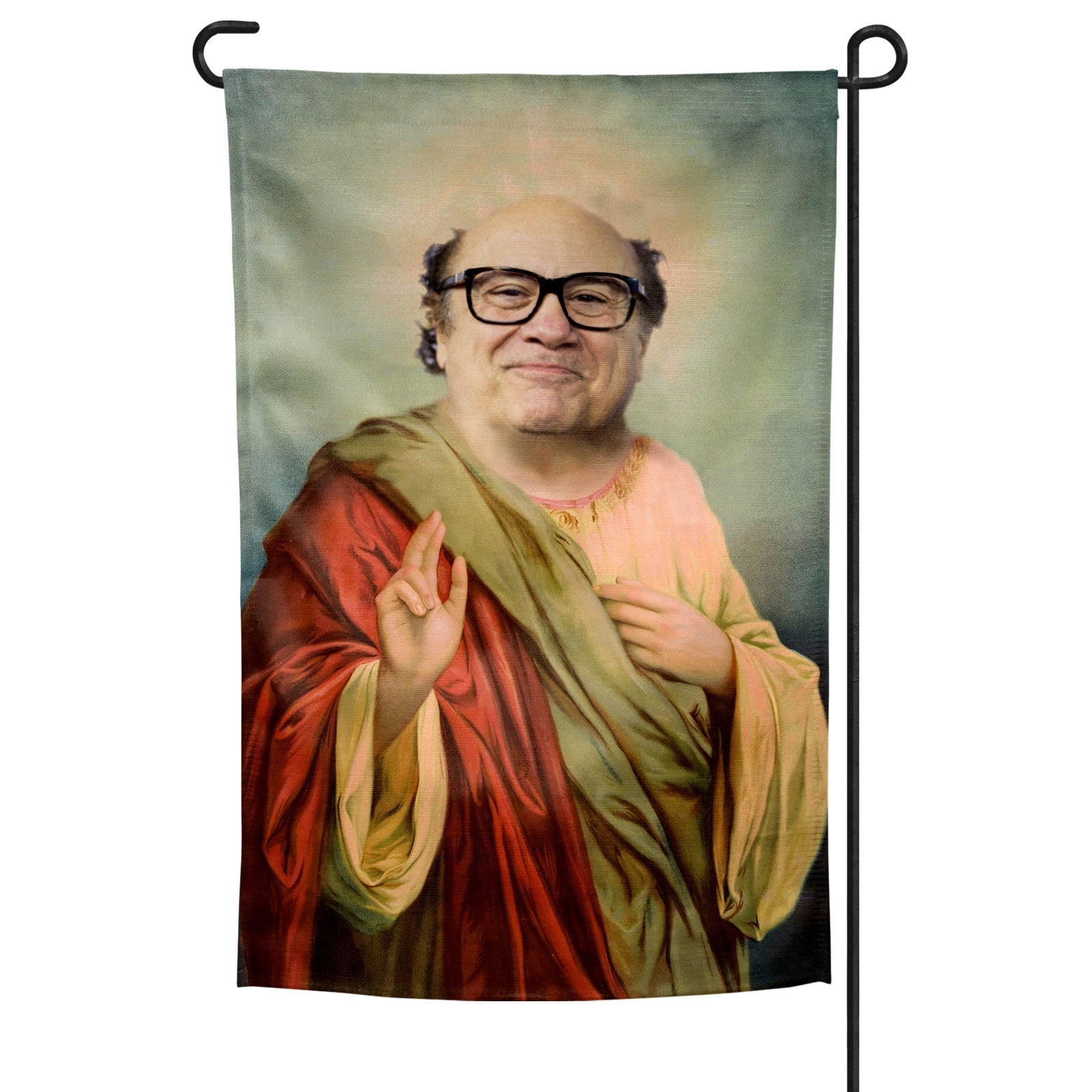 Saint Danny DeVito garden flag featuring the actor in saintly red and gold robes with glasses.
