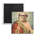 Square Saint Danny fridge magnet featuring warm crimson and gold religious-style pop-culture art on a white background.