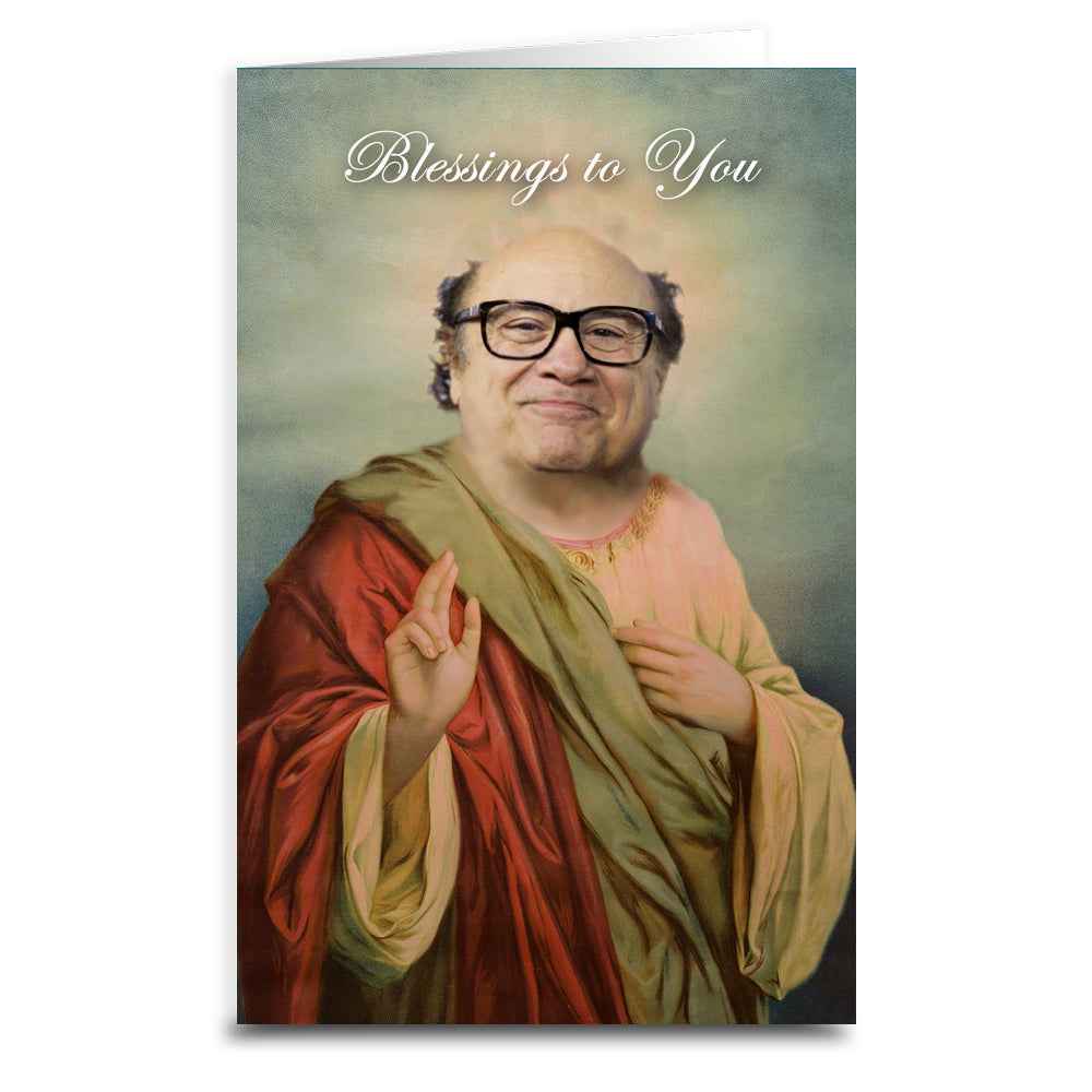Saint Danny DeVito themed greeting card with high-contrast graphic art.