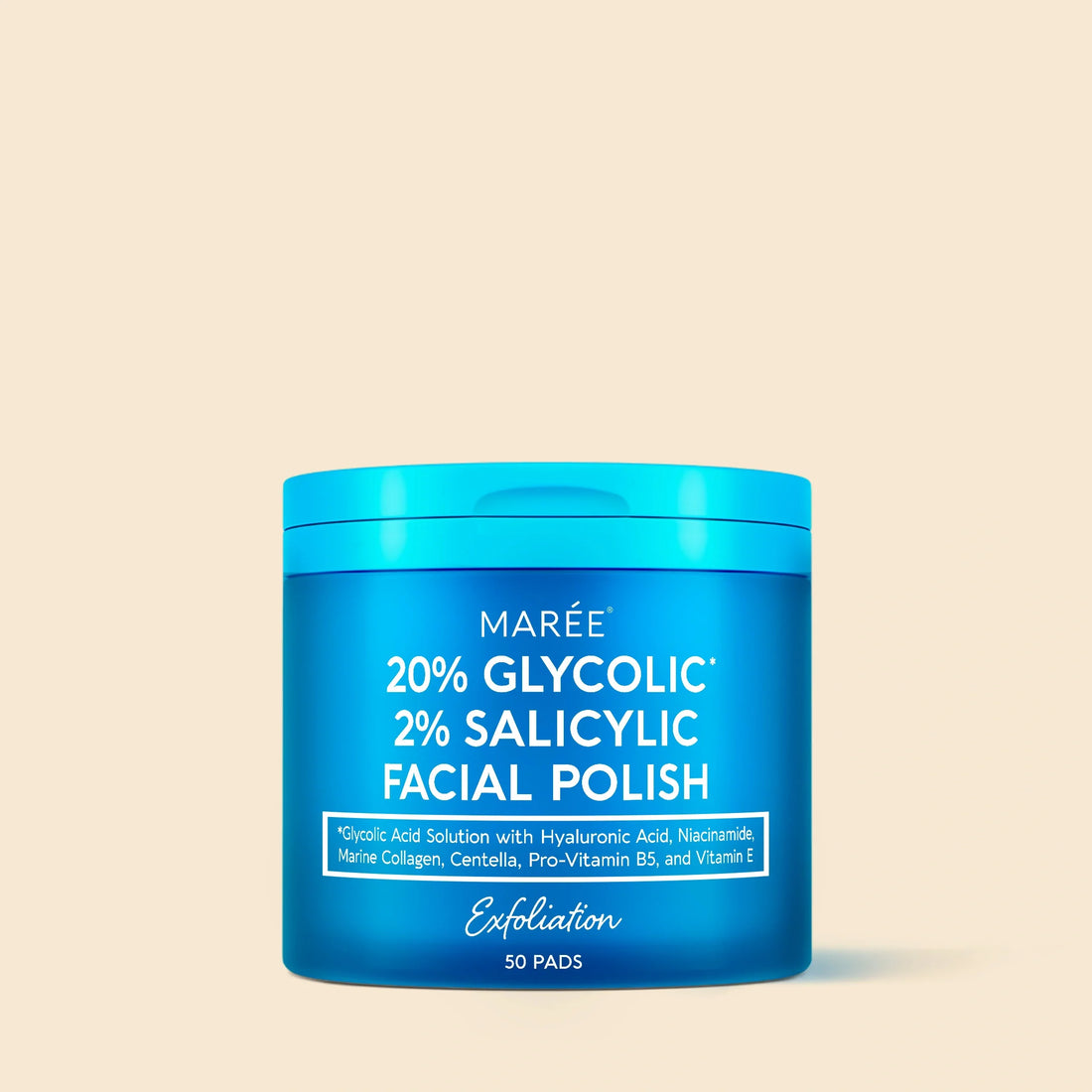 Maree blue jar containing 50 Glycolic and Salicylic Acid exfoliating facial pads