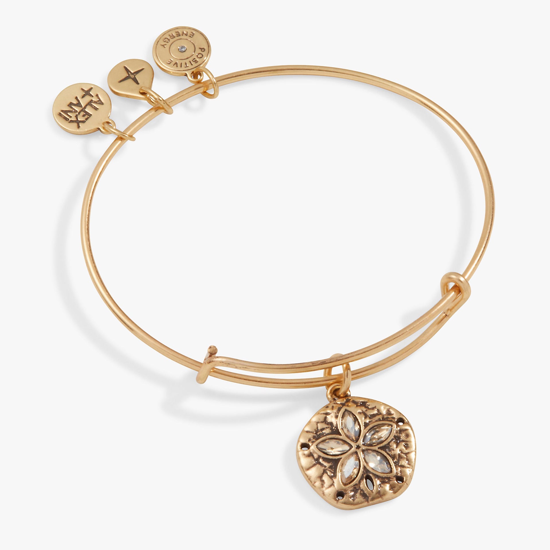 Gold-tone sand dollar charm bangle featuring crystal accents for a coastal bohemian look.