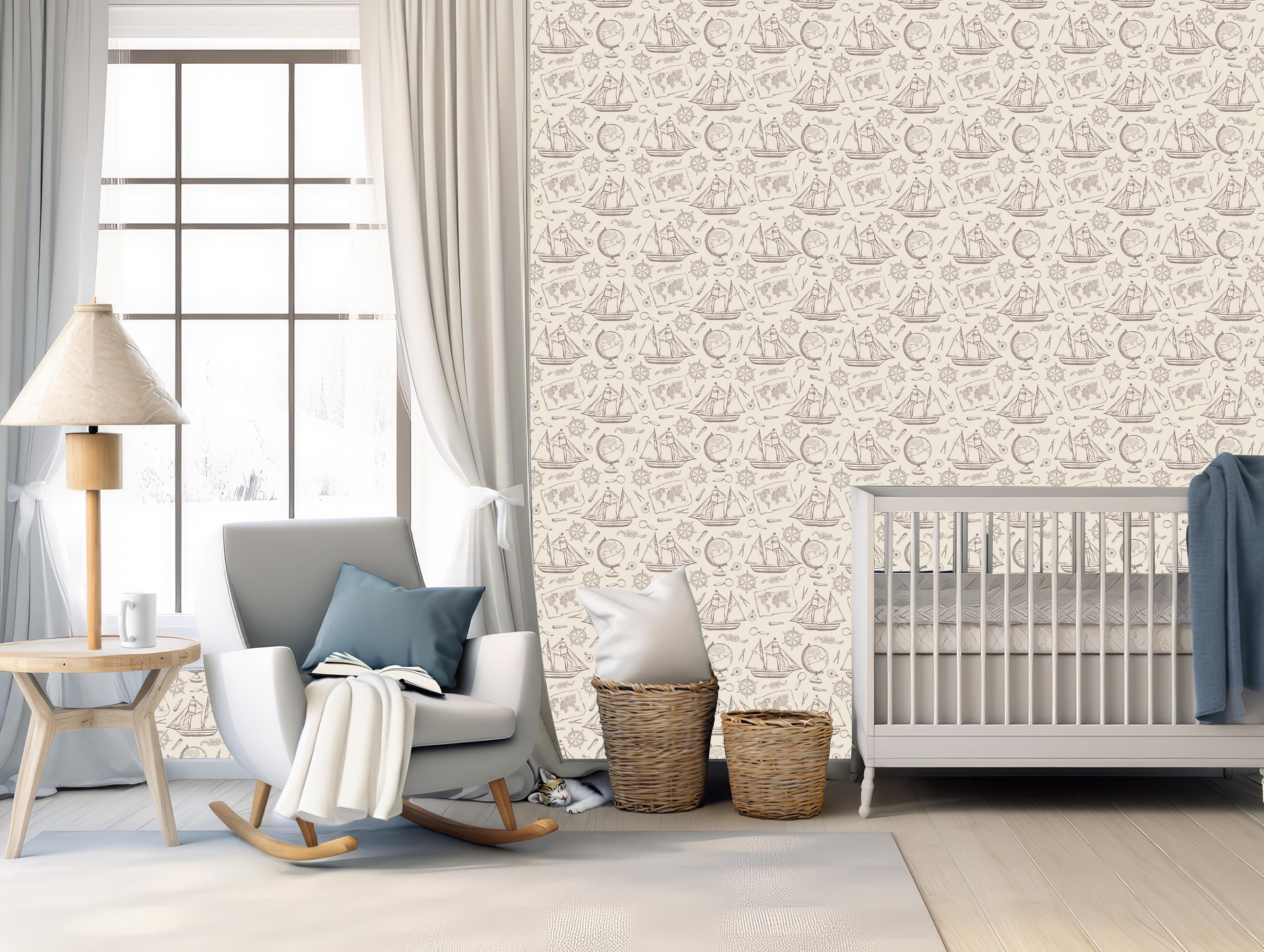 Turner Removable Wallpaper in Blue-Grey, White and Beige