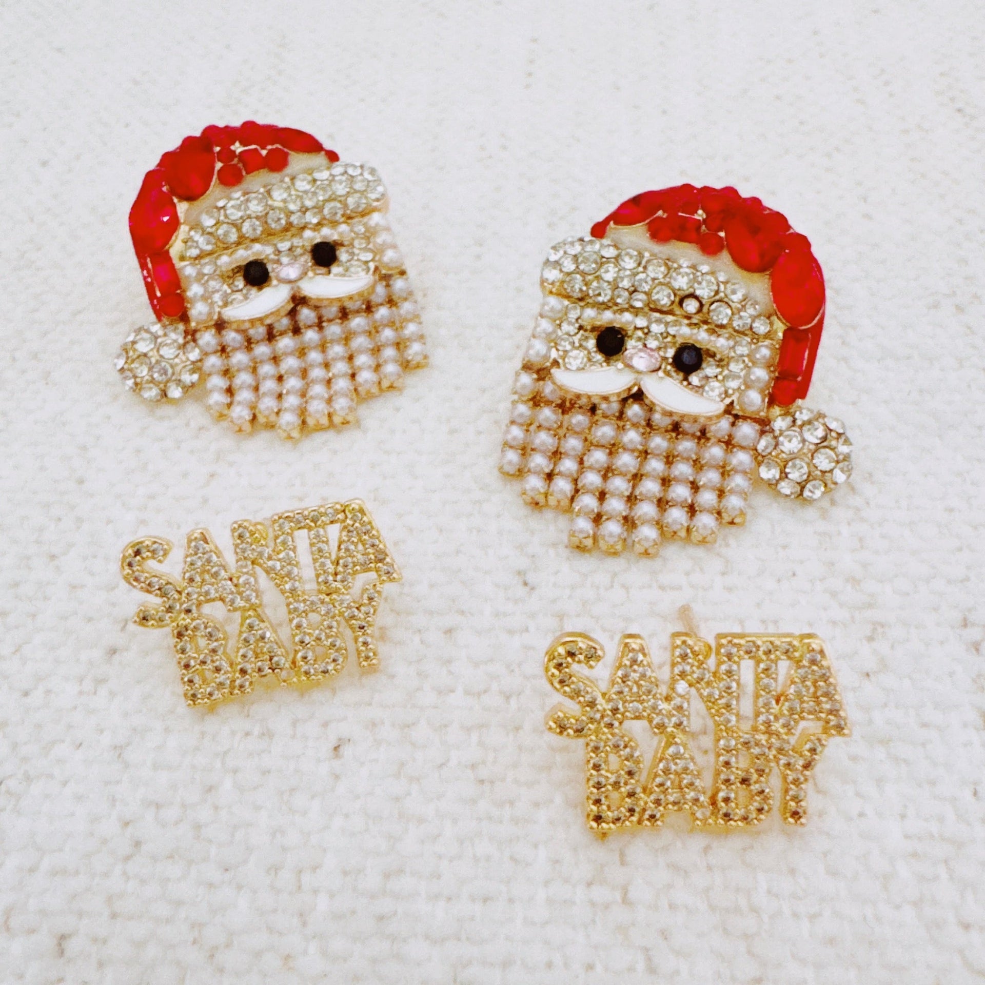 Santa Earrings with Pearl Drape Beard – Holiday Jewelry