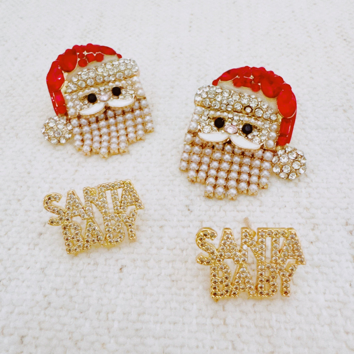 Santa Earrings with Pearl Drape Beard – Holiday Jewelry