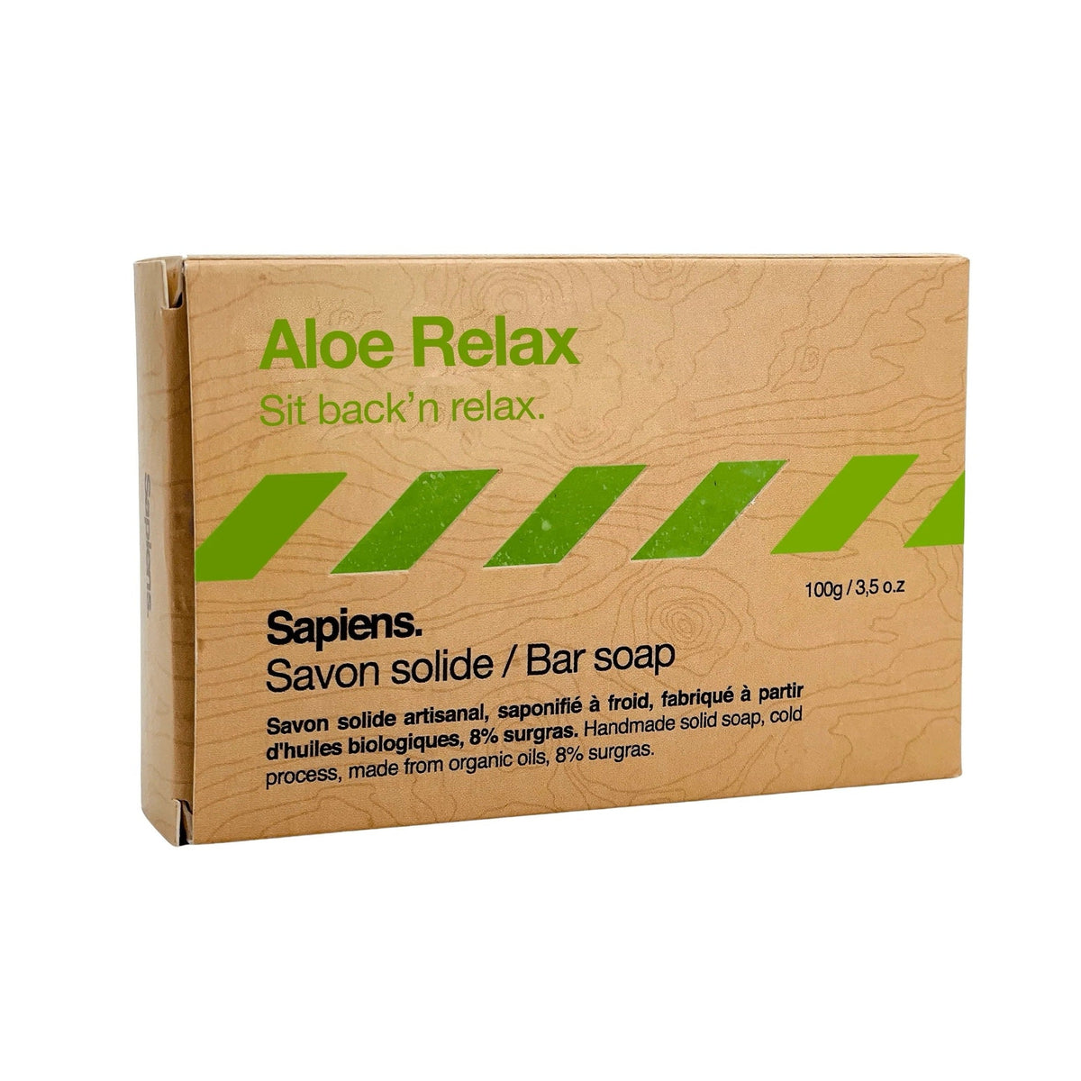 Sapiens Aloe Relax artisanal cold-processed bar soap in minimalist kraft packaging with green accents
