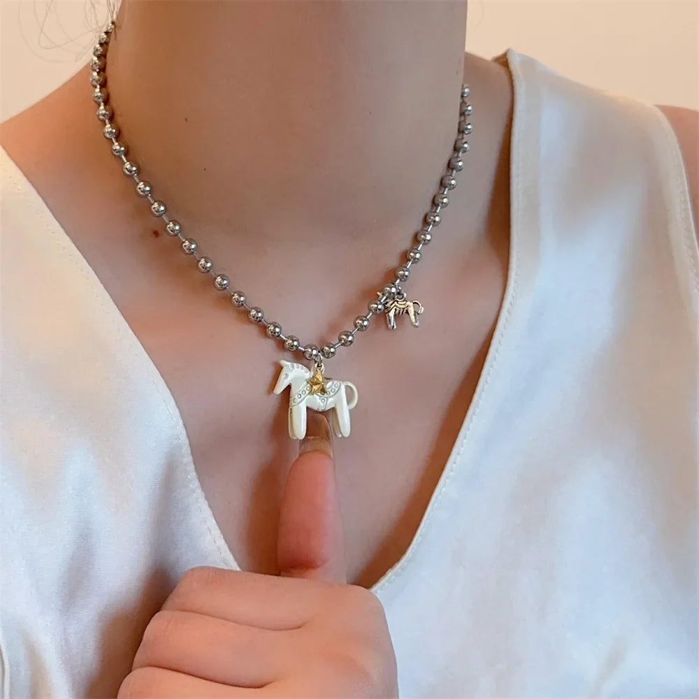 LATS White Black Green Blue Pink Color Enamel Colt Horse Pendant Necklaces for Women Silver Plated Alloy Beads Chain Chokers