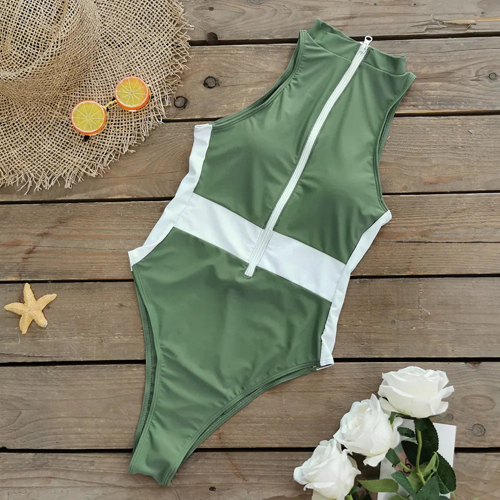 Women's Front Zip One Piece Swimsuit with Colorblock Detail - Image 8