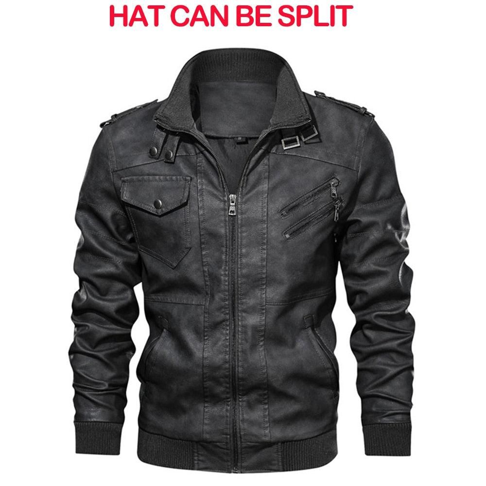 Men's Vintage Motorcycle Jacket with Removable Hood - Black Biker Coat