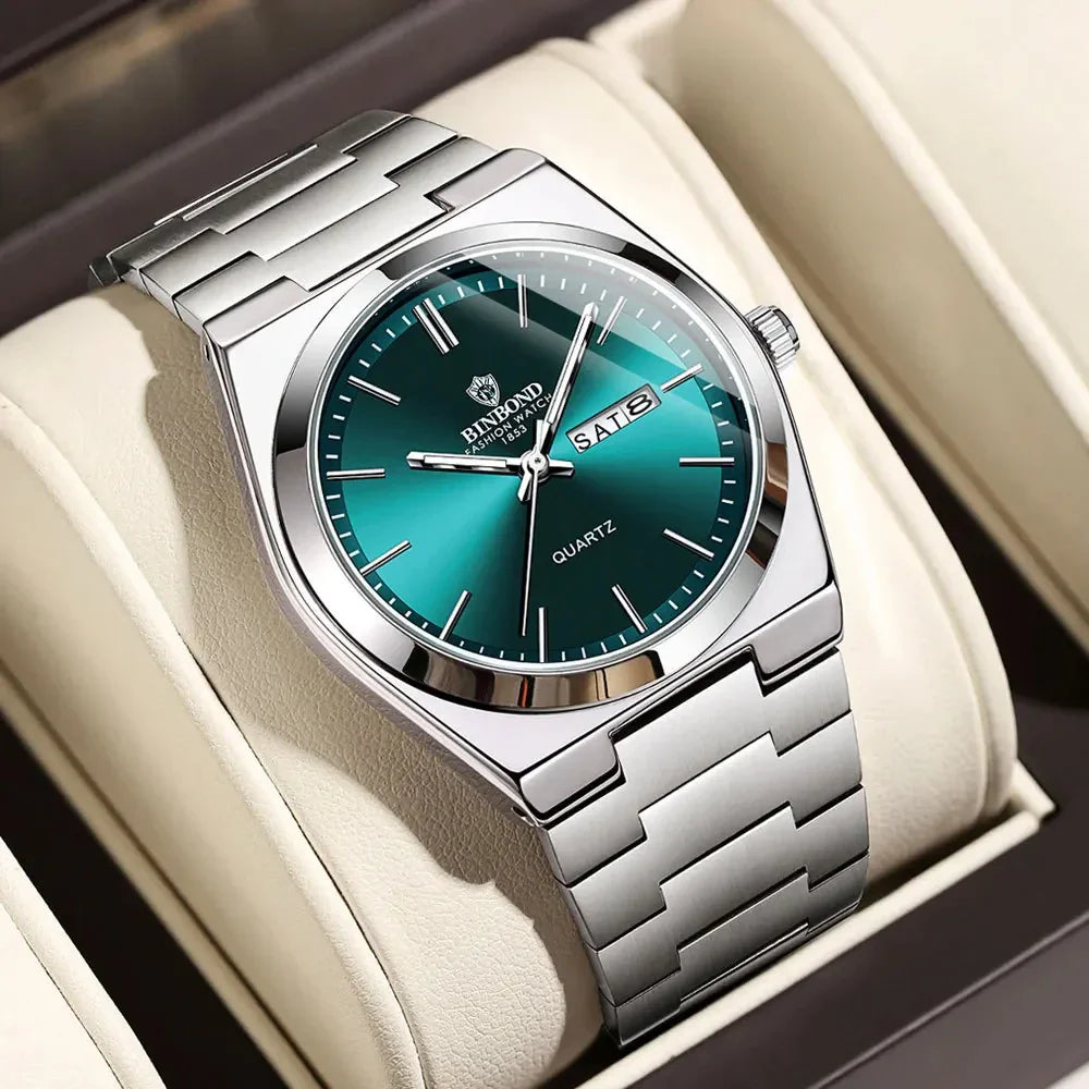 BINBOND Luxury Fashion Man Clock Top Business Waterproof Luminous Date Week Men's Watches Quartz Stainless Steel Men Wristwatch