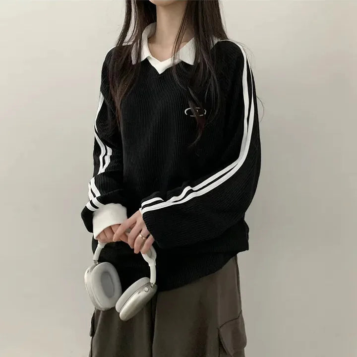 Women Long Sleeve Polo Pullover Sweater Striped Casual Top - Image 16