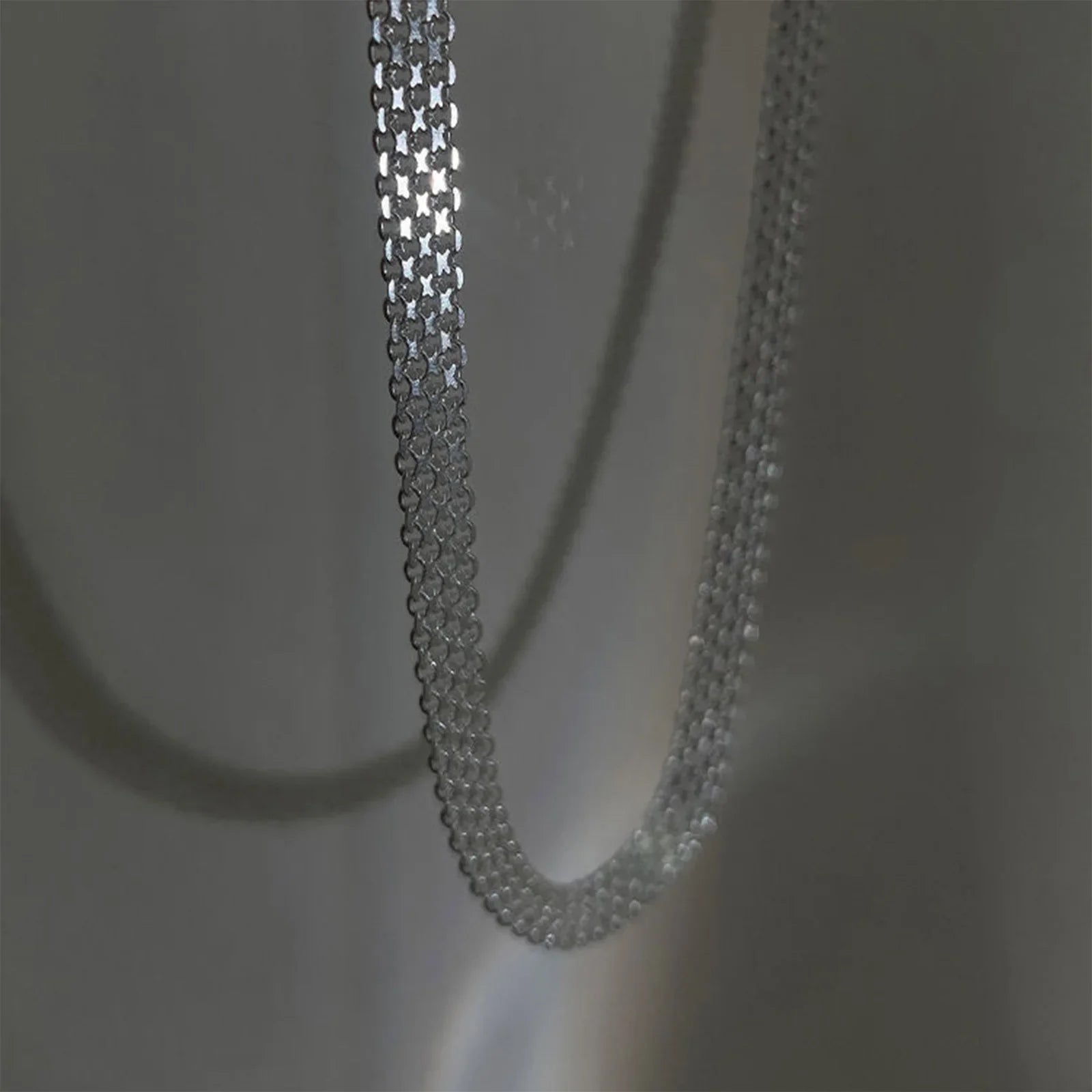 S925Silver European and American simple and unique woven hollow wide necklace ins trend mesh collarbone chain