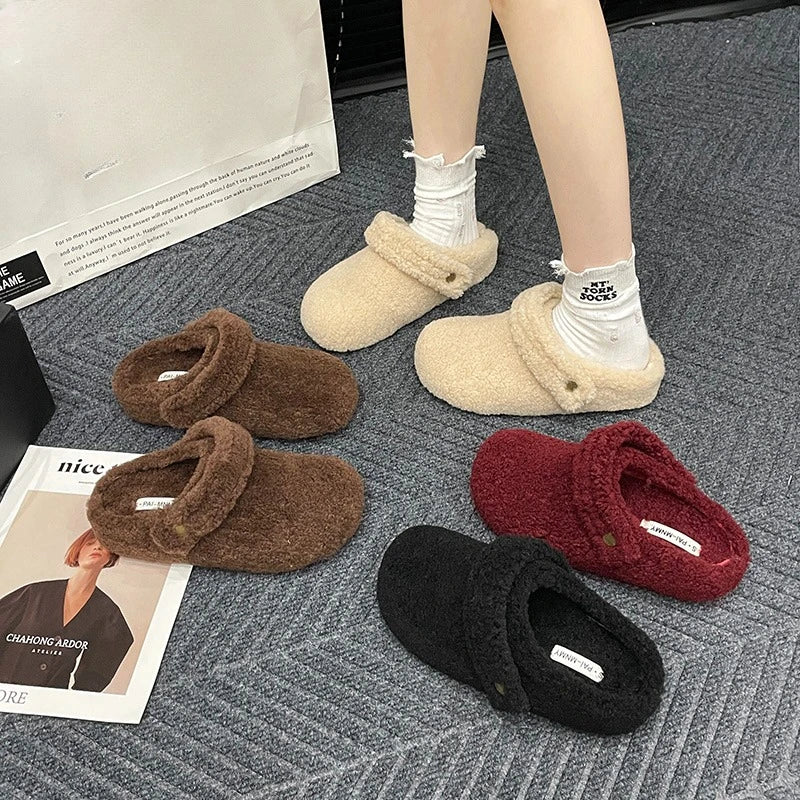 Winter Cotton Fluffy Slippers Plush Flat Slip-On House Shoes
