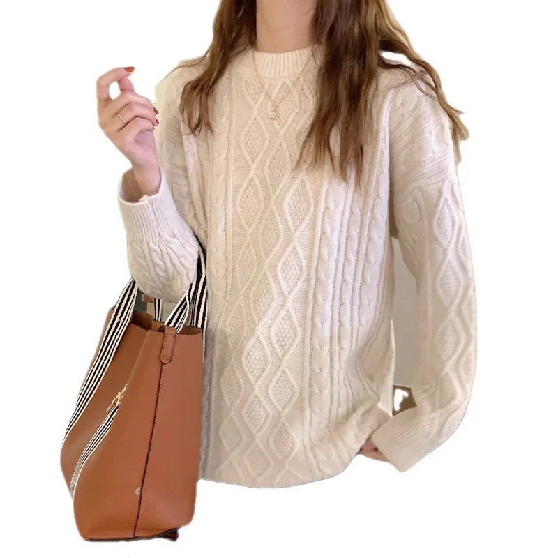 Women's Pink Cable Knit Crew Neck Long Sleeve Sweater - Image 4