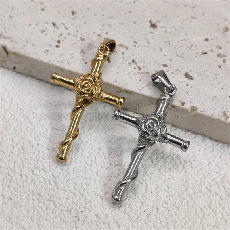 Waterproof Vintage 18k Gold Plated Stainless Steel Charm Rose Cross Pendant Necklace For Men Women Jewelry Gift