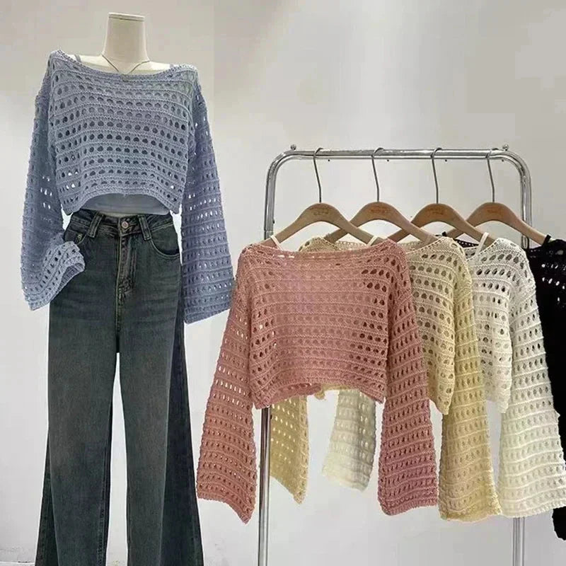 Women's Crochet Knit Long Sleeve Boho Beach Cover Up Pullover - Image 2
