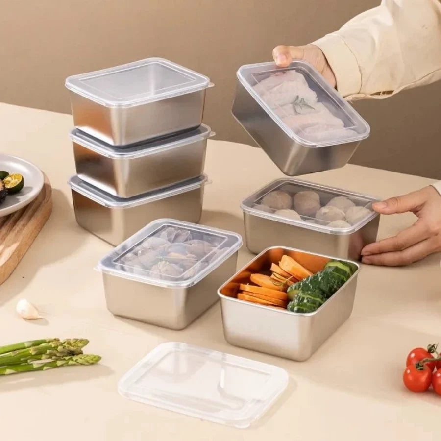 Stainless Steel Crisper Fresh-keep Food Container Rectangle Picnic Bento Tray Refrigerator Freezer Storage Box Restaurant Plate