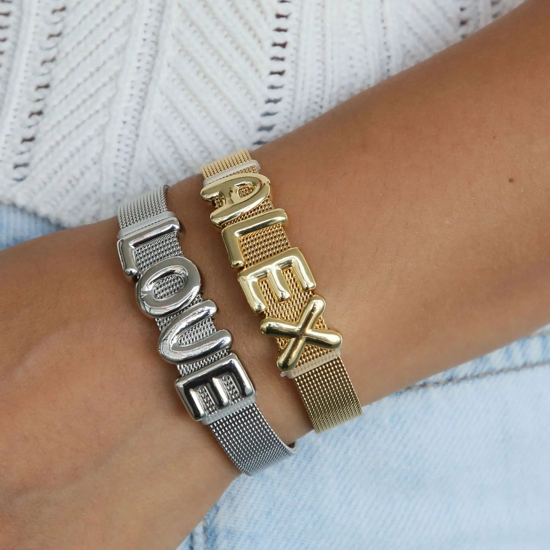 FLOLA DIY 26 Letters Custom Name Bracelets for Women Gold Silver Color Wide Band Initial Bracelets Handmade Jewelry brtd91