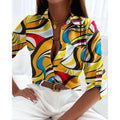 Women’s Printed Long-Sleeve Lapel Blouse Casual Button-Down Top
